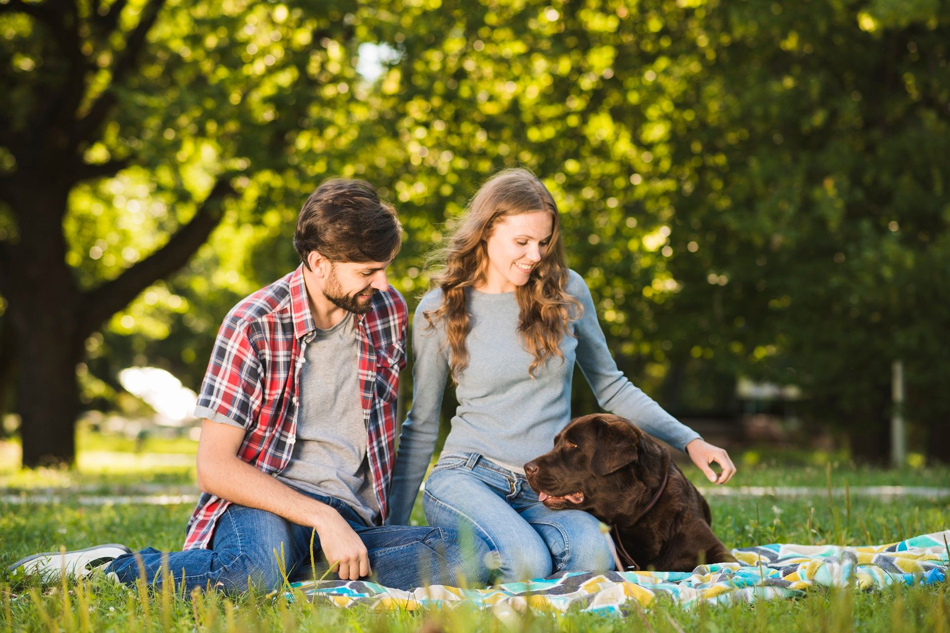Pärchen  entspannt mit dem Hund auf der Picknickdecke