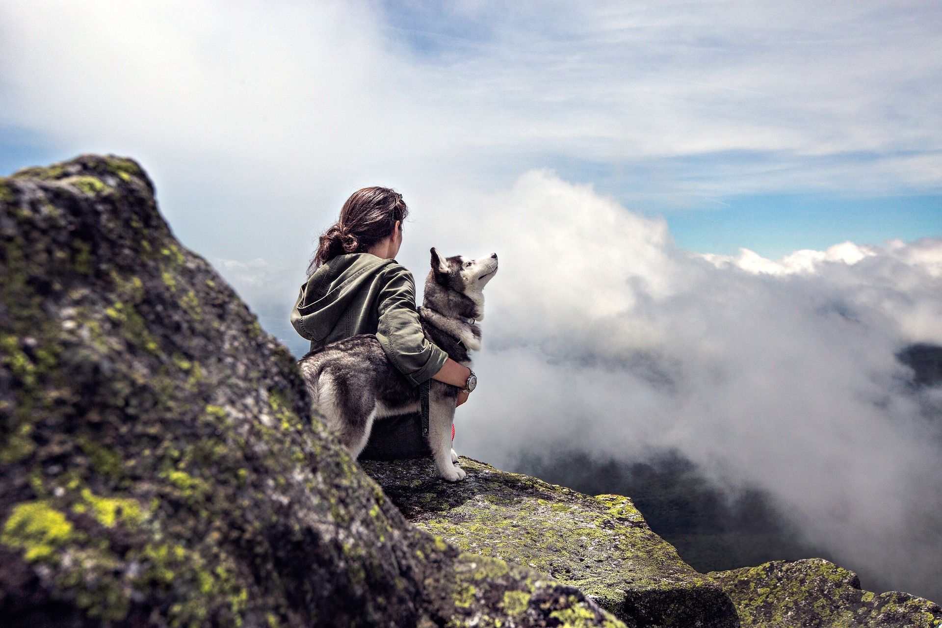 Frau genießt den Ausblick vom Gipfel mit ihrem Hund